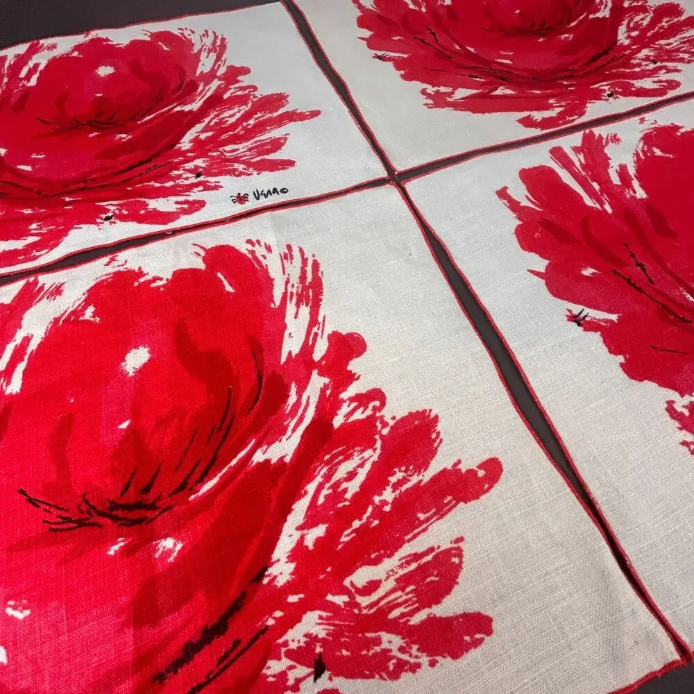 Vintage Vera Neumann Large Red Flower Linen Placemat Set of 4